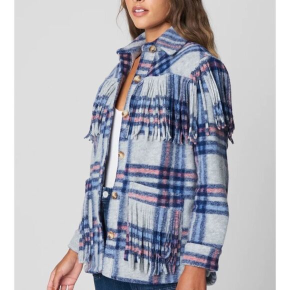 Blank NYC Womens Plaid Long‎ Sleeve Fringe Button Front Shirt Jacket Blue Small - Picture 3 of 11